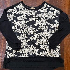 Democracy Black White Floral & Sheer Chiffon Sweater